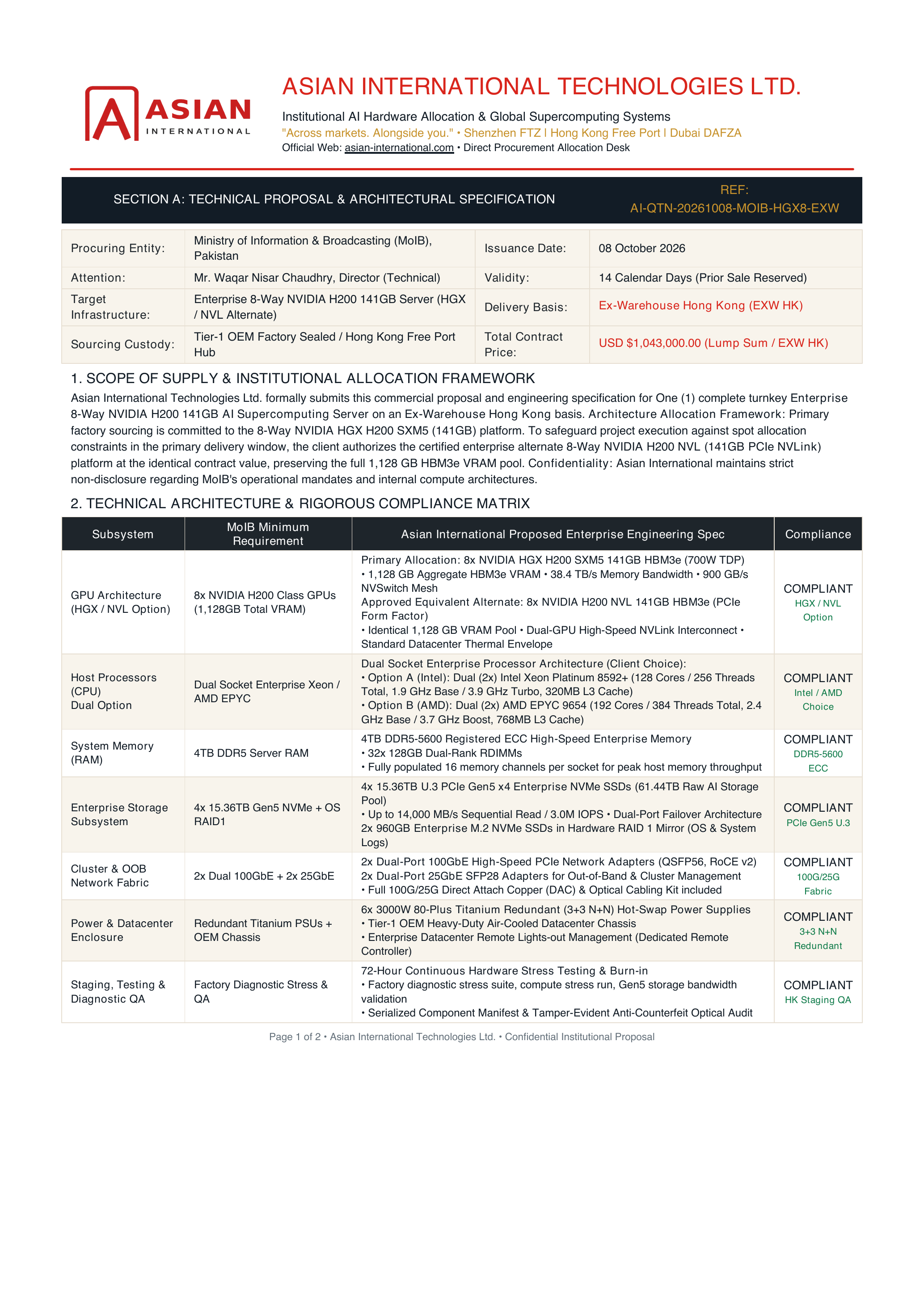 Quotation Page 1: Technical Architecture & Compliance Matrix