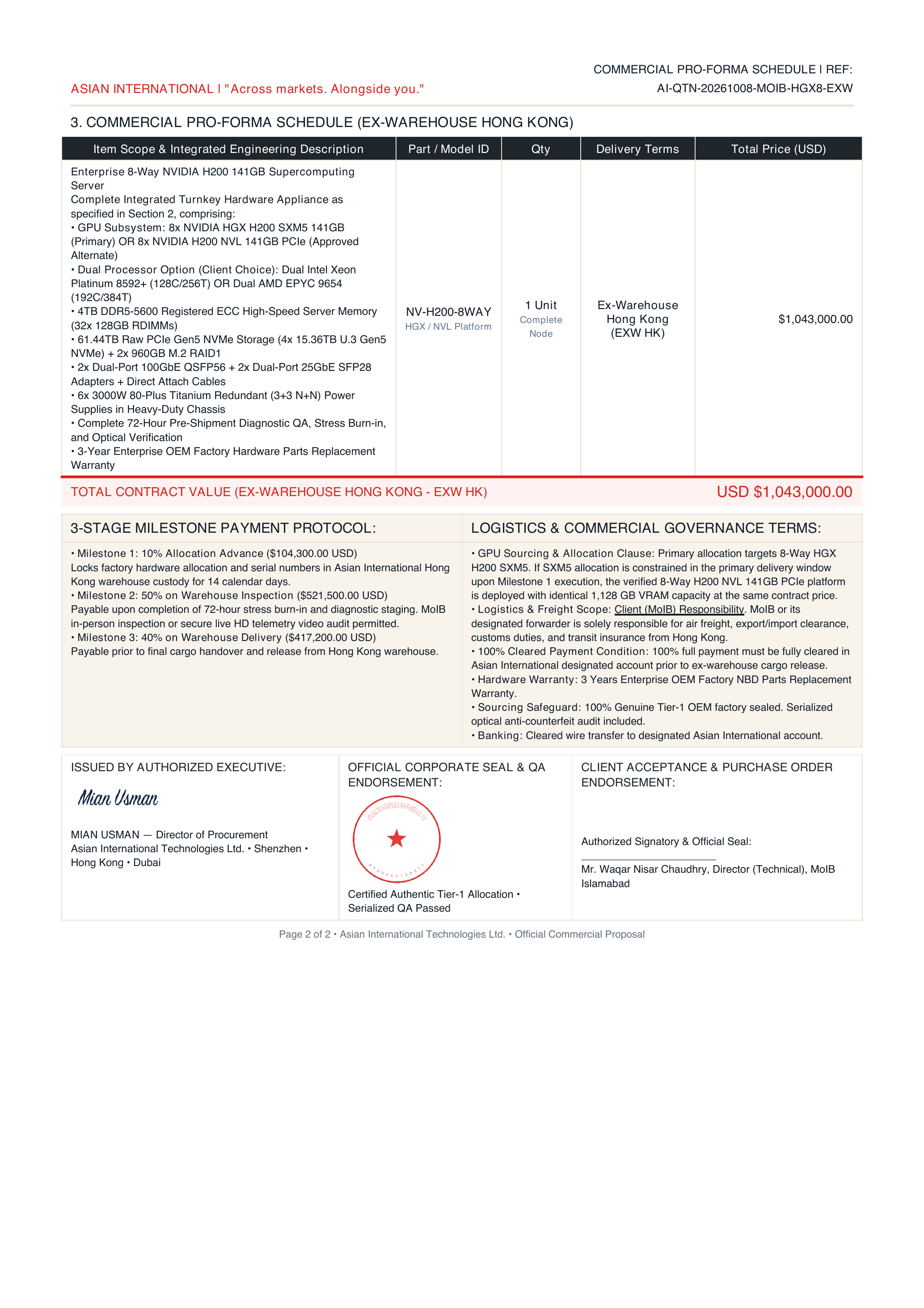 Quotation Page 2: Commercial Schedule & Milestones